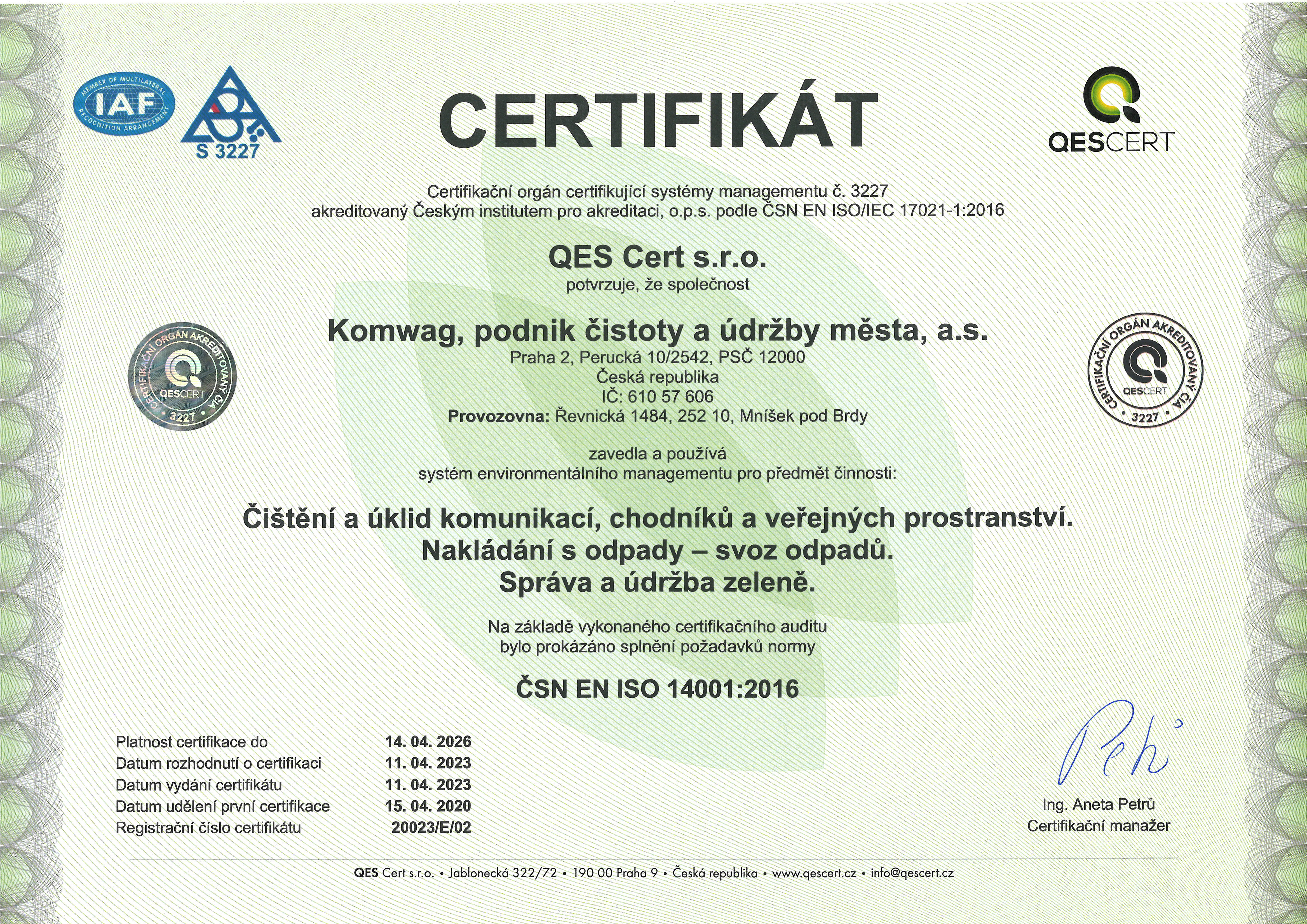ISO certifikát 14001.2016 CZ