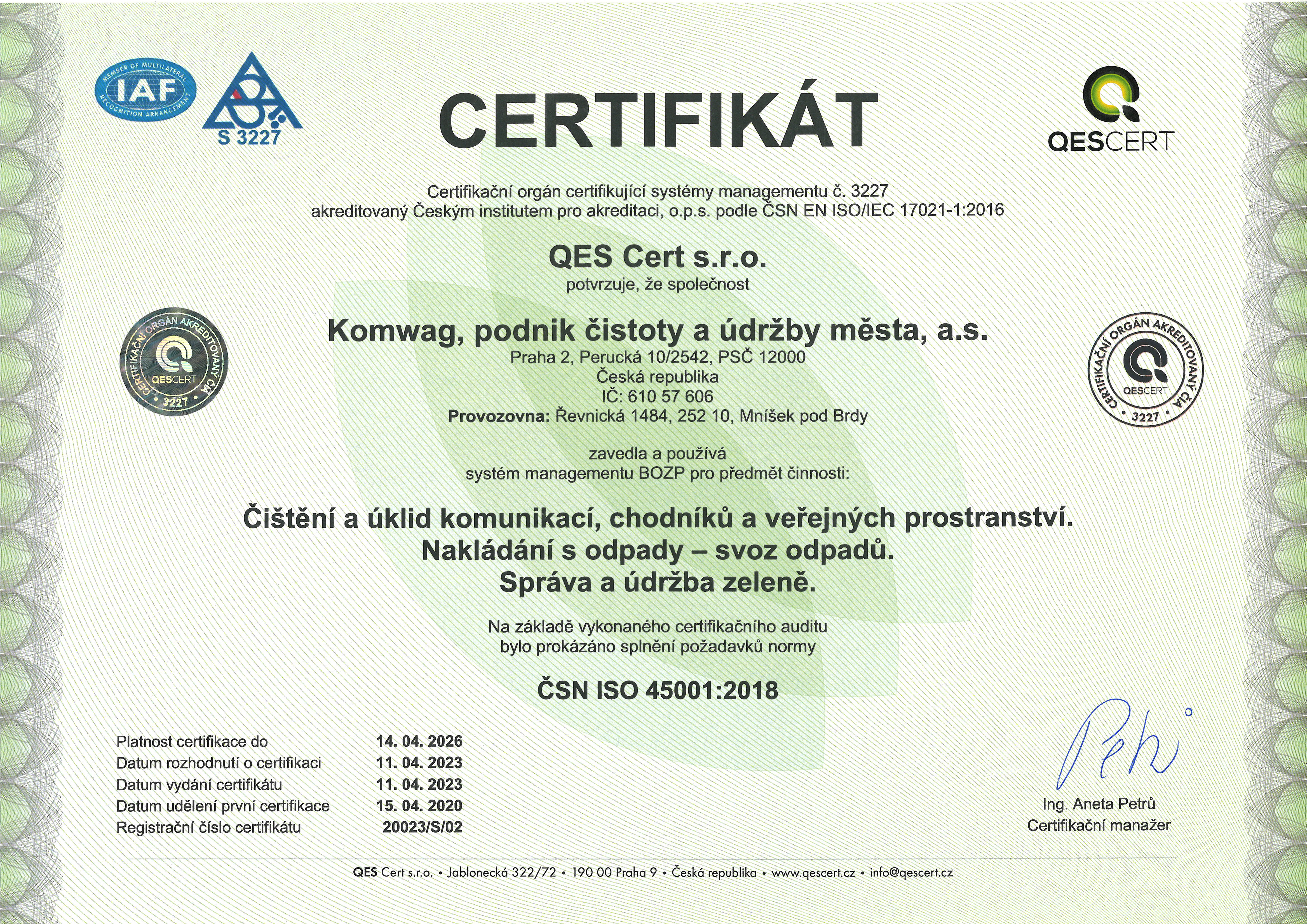 ISO certifikát 45001.2018 CZ